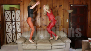 Cassandra & Brooke Jumping on the Leather Sofa in Leather