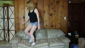 Jamie Lynn Jumping on Leather Couch in Sneakers