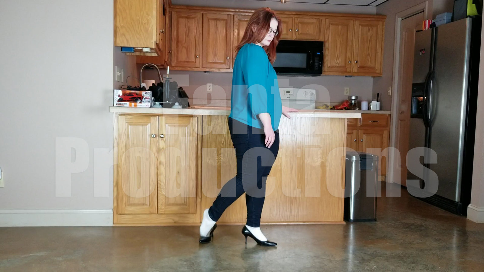 Scarlet Shoe Dipping in White Socks & Black Pumps