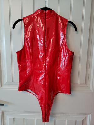 Red Vinyl Fashion Nova Thong Bodysuit (L)