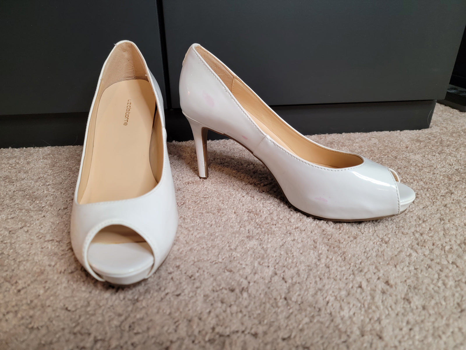 Size 7.5 White Patent Liz Claiborne Peep-Toe Stiletto Pumps