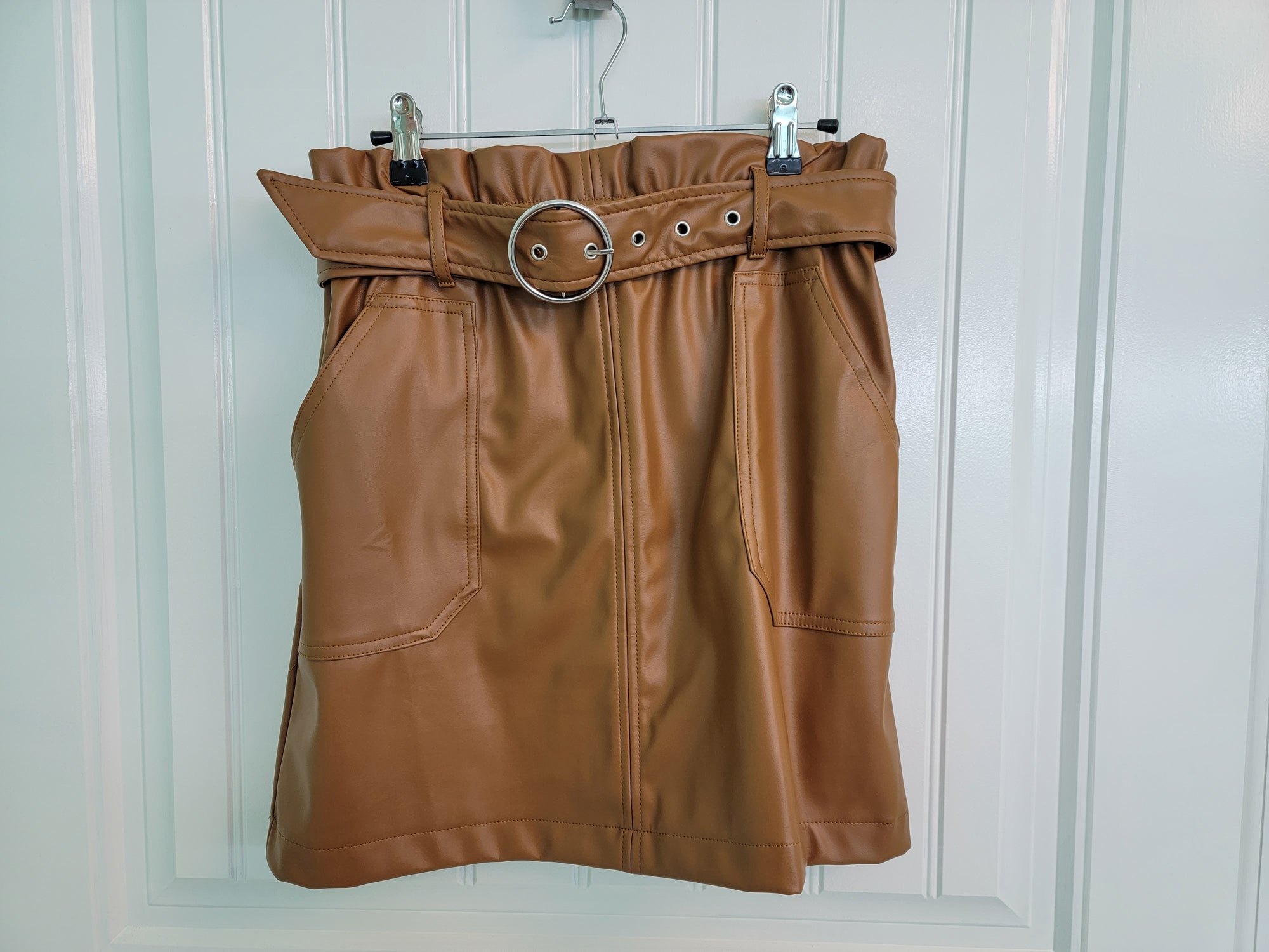 Caramel Belted Leather Skirt - L